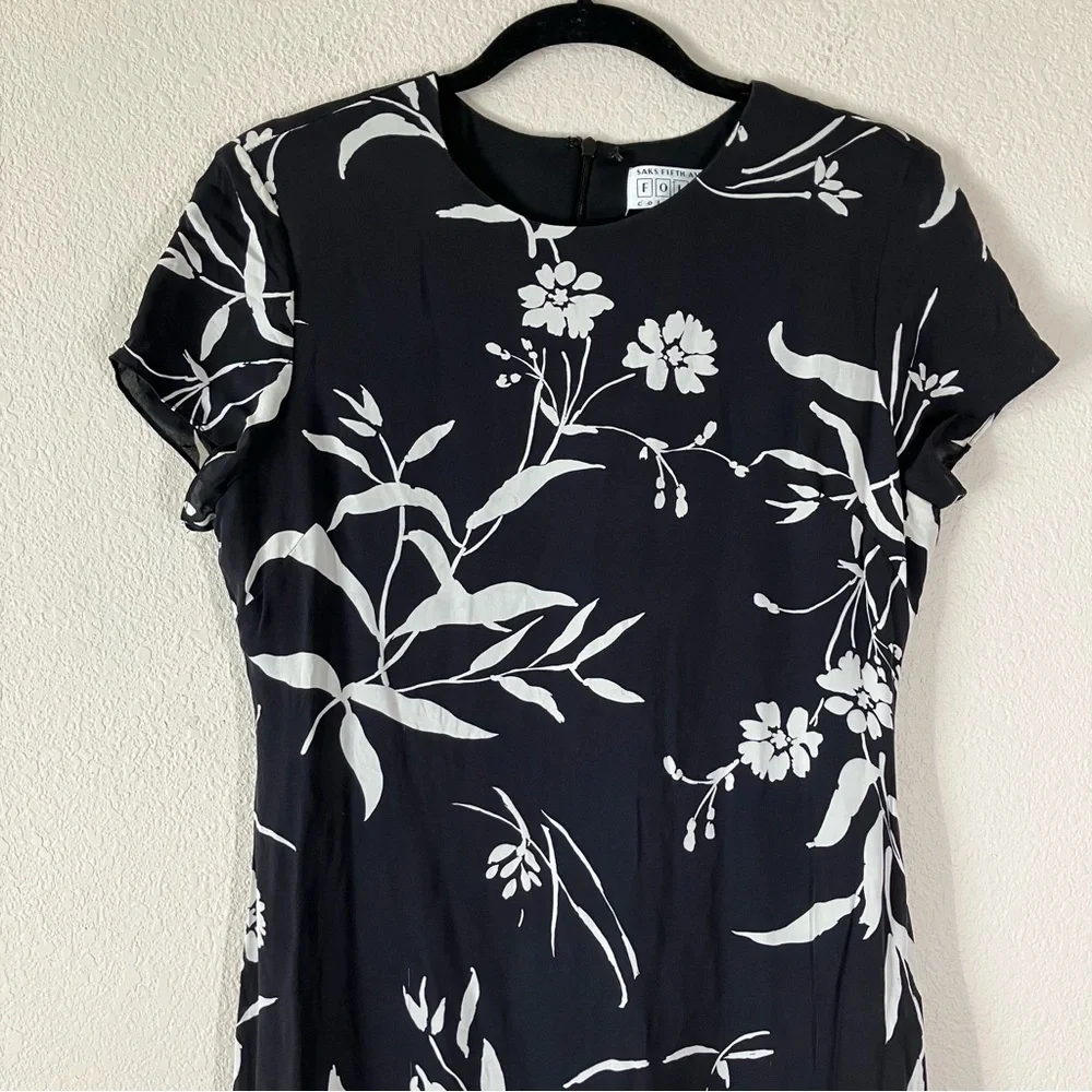 SAKS FIFTH AVE Vintage Silk Column Dress 8 Hawaiian Tropical 80s Black Luau Tiki - Picture 5 of 11